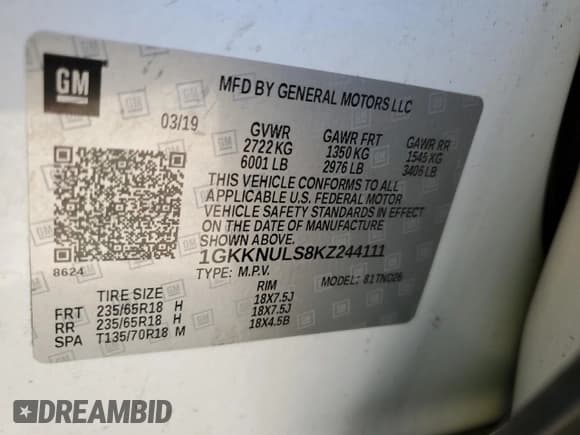 ✅ 2019 GMC Acadia SLT • VIN: 1GKKNULS8KZ244111 • Lot: 69756935. Listed on Copart with 110,678 mi. Free auction sales archive from the USA and detailed vehicle history report at DreamBid. Image 13.