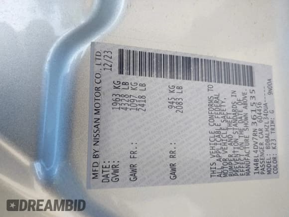 ✅ 2024 Nissan Altima SV • VIN: 1N4BL4DV7RN361535 • Lot: 42246822. Listed on IAAI with 23,648 mi. Free auction sales archive from the USA and detailed vehicle history report at DreamBid. Image 9.