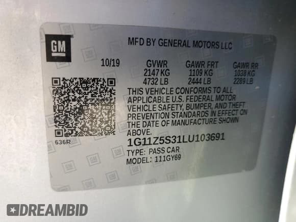 ✅ 2020 Chevrolet Impala LT • VIN: 1G11Z5S31LU103691 • Лот: 61587914. Опубликован ранее на Copart с пробегом 82 367 миль. Бесплатный доступ к архиву аукционных продаж из США и подробный отчёт об истории автомобиля на DreamBid. Изображение 12.