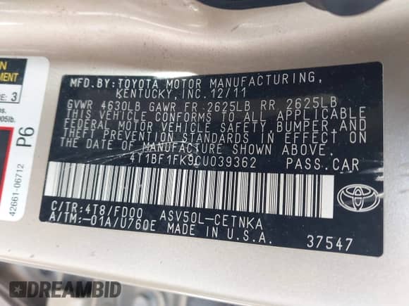 2012 Toyota Camry LE с VIN 4T1BF1FK9CU039362, выставлен на аукционе IAAI как лот 43509055 с пробегом 232 361 миль миль и . История ставок и продаж доступна на DreamBid. Изображение 9.