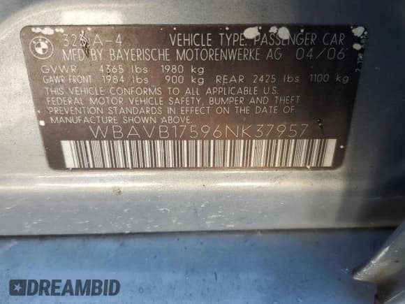 ✅ 2006 BMW 3 Series 325i • VIN: WBAVB17596NK37957 • Lot: 87103725. Wystawiony na Copart z przebiegiem 107 303 mil. Bezpłatny archiwum sprzedaży aukcyjnych z USA i szczegółowy raport historii pojazdu na DreamBid. Zdjęcie 12.