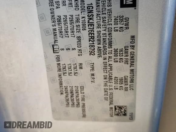 ✅ 2014 Chevrolet Suburban LT • VIN: 1GNSKJE76ER218792 • Lot: 72941234. Wystawiony na Copart z przebiegiem 265 059 mil. Bezpłatny archiwum sprzedaży aukcyjnych z USA i szczegółowy raport historii pojazdu na DreamBid. Zdjęcie 14.