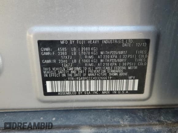 ✅ 2013 Subaru Outback Premium • VIN: 4S4BRCCC4D3266613 • Lot: 60731575. Listed on Copart with 154,154 mi. Free auction sales archive from the USA and detailed vehicle history report at DreamBid. Image 13.