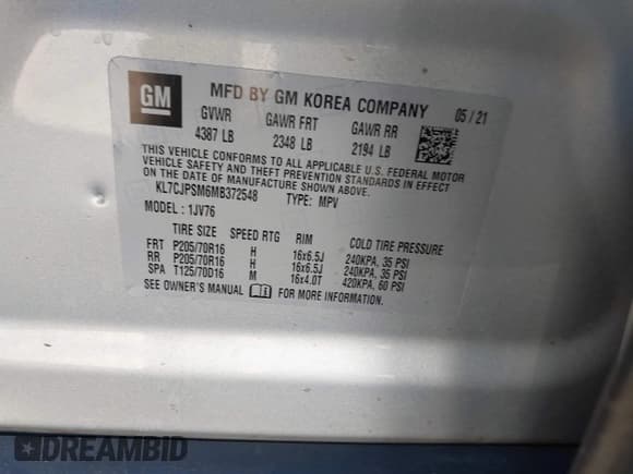 ✅ 2021 Chevrolet Trax LT • VIN: KL7CJPSM6MB372548 • Lot: 43425815. Listed on IAAI with 75,194 mi. Free auction sales archive from the USA and detailed vehicle history report at DreamBid. Image 9.