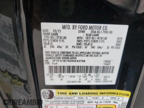 ✅ 2013 Ford F-150 XL • VIN: 1FTFX1ET5DKE43768 • Lot: 80343685. Listed on Copart with 67,955 mi. Free auction sales archive from the USA and detailed vehicle history report at DreamBid. Image 12.