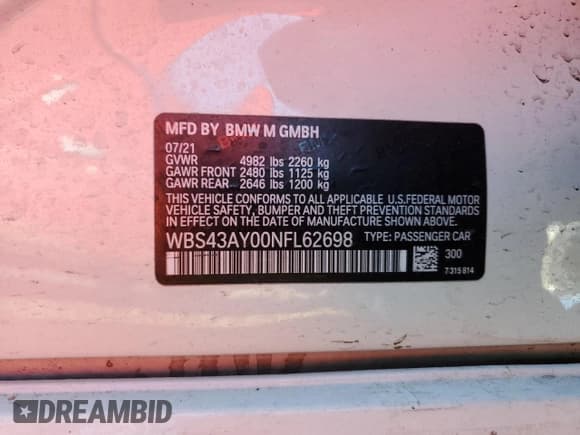 ✅ 2022 BMW M3 Competition xDrive • VIN: WBS43AY00NFL62698 • Lot: 41934314. Listed on Copart with 22,745 mi. Free auction sales archive from the USA and detailed vehicle history report at DreamBid. Image 12.