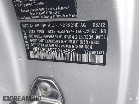 ✅ 2013 Porsche 911 Carrera S • VIN: WP0CB2A97DS154523 • Lot: 43860288. Listed on IAAI with 51,515 mi. Free auction sales archive from the USA and detailed vehicle history report at DreamBid. Image 9.