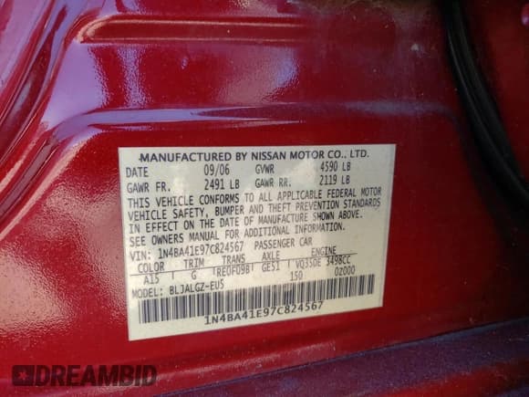 ✅ 2007 Nissan Maxima SE • VIN: 1N4BA41E97C824567 • Lot: 71821755. Wystawiony na Copart z przebiegiem Nie podano. Bezpłatny archiwum sprzedaży aukcyjnych z USA i szczegółowy raport historii pojazdu na DreamBid. Zdjęcie 13.