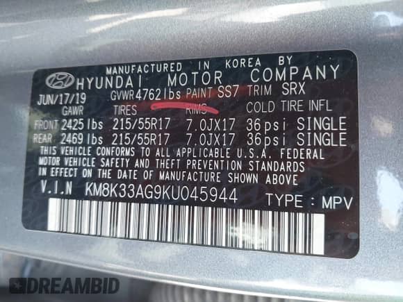 2019 Hyundai Kona Limited z VIN KM8K33AG9KU045944, wystawiony jako IAAI lot #42312936 z przebiegiem 87 925 mil mil oraz . Historia ofert i sprzedaży dostępna na DreamBid. Obrazek 9.