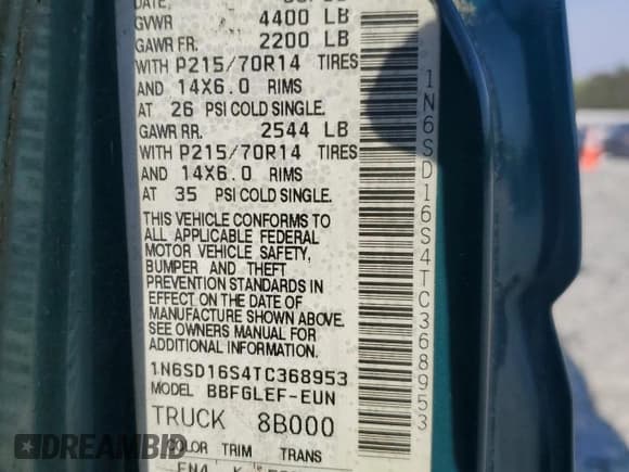 ✅ 1996 Nissan Frontier XE • VIN: 1N6SD16S4TC368953 • Лот: 55418525. Опубликован ранее на Copart с пробегом 88 614 миль. Бесплатный доступ к архиву аукционных продаж из США и подробный отчёт об истории автомобиля на DreamBid. Изображение 12.