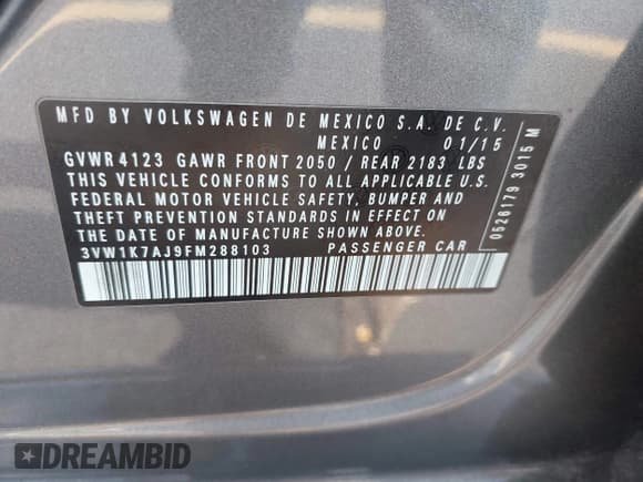 ✅ 2015 Volkswagen Jetta S • VIN: 3VW1K7AJ9FM288103 • Lot: 42296726. Wystawiony na IAAI z przebiegiem 160 196 mil. Bezpłatny archiwum sprzedaży aukcyjnych z USA i szczegółowy raport historii pojazdu na DreamBid. Zdjęcie 9.