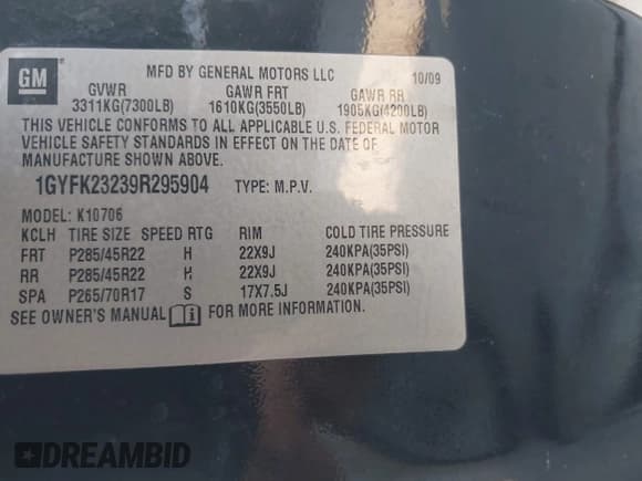 ✅ 2009 Cadillac Escalade • VIN: 1GYFK23239R295904 • Lot: 43611993. Wystawiony na IAAI z przebiegiem 172 293 mil. Bezpłatny archiwum sprzedaży aukcyjnych z USA i szczegółowy raport historii pojazdu na DreamBid. Zdjęcie 9.