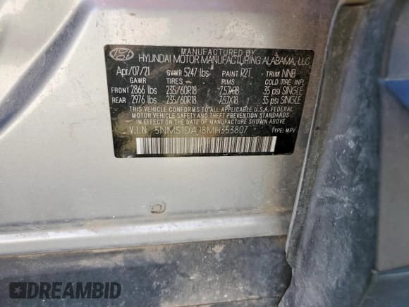 ✅ 2021 Hyundai Santa Fe SE • VIN: 5NMS1DAJ8MH353807 • Lot: 69519285. Listed on Copart with 81,562 mi. Free auction sales archive from the USA and detailed vehicle history report at DreamBid. Image 13.