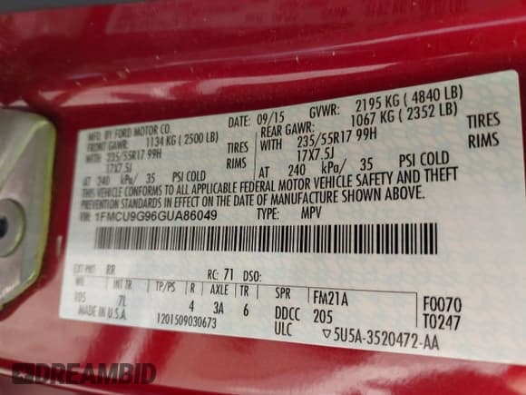 ✅ 2016 Ford Escape SE • VIN: 1FMCU9G96GUA86049 • Lot: 43649357. Listed on IAAI with 201,687 mi. Free auction sales archive from the USA and detailed vehicle history report at DreamBid. Image 9.