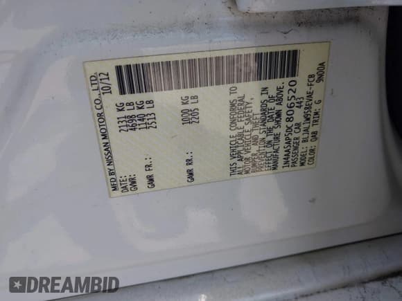 ✅ 2013 Nissan Maxima S • VIN: 1N4AA5AP5DC806520 • Lot: 42250289. Listed on IAAI with Not provided. Free auction sales archive from the USA and detailed vehicle history report at DreamBid. Image 9.