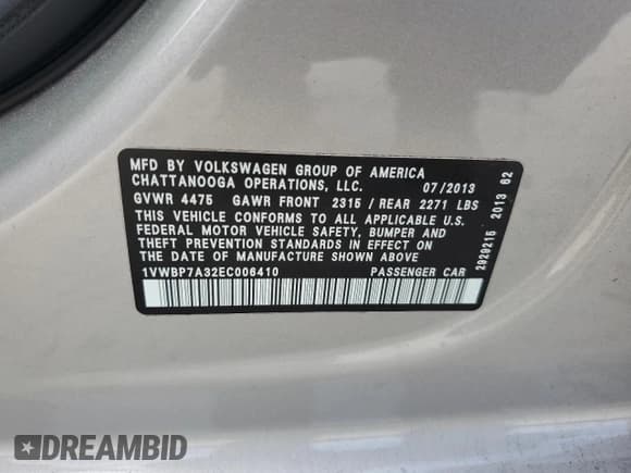 ✅ 2014 Volkswagen Passat SE • VIN: 1VWBP7A32EC006410 • Лот: 71619525. Опубликован ранее на Copart с пробегом 188 559 миль. Бесплатный доступ к архиву аукционных продаж из США и подробный отчёт об истории автомобиля на DreamBid. Изображение 12.