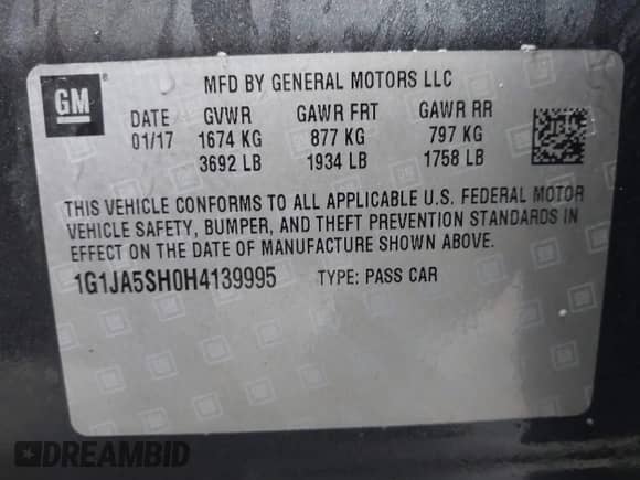 2017 Chevrolet Sonic LS с VIN 1G1JA5SH0H4139995, выставлен на аукционе IAAI как лот 41697859 с пробегом 132 018 миль миль и . История ставок и продаж доступна на DreamBid. Изображение 9.