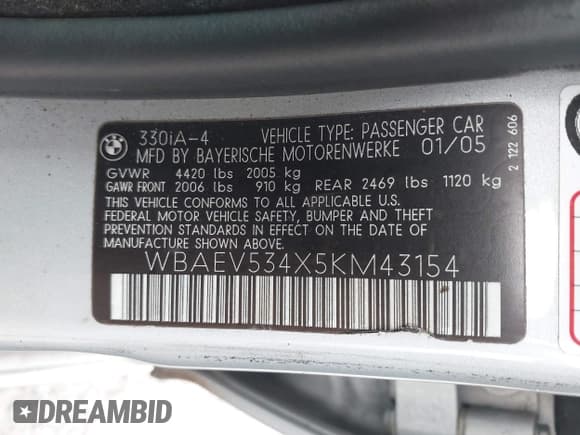 ✅ 2005 BMW 3 Series 330i • VIN: WBAEV534X5KM43154 • Лот: 42322259. Опубликован ранее на IAAI с пробегом 184 994 миль. Бесплатный доступ к архиву аукционных продаж из США и подробный отчёт об истории автомобиля на DreamBid. Изображение 9.