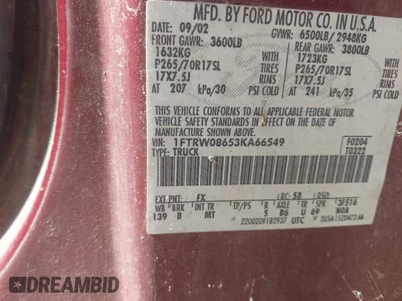 ✅ 2003 Ford F-150 XLT • VIN: 1FTRW08653KA66549 • Лот: 42918632. Опубликован ранее на IAAI с пробегом 183 609 миль. Бесплатный доступ к архиву аукционных продаж из США и подробный отчёт об истории автомобиля на DreamBid. Изображение 9.