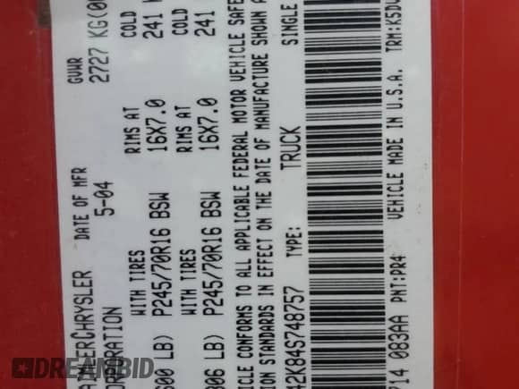 ✅ 2004 Dodge Dakota SLT • VIN: 1D7HG42K84S748757 • Lot: 76979264. Listed on Copart with 89,371 mi. Free auction sales archive from the USA and detailed vehicle history report at DreamBid. Image 14.