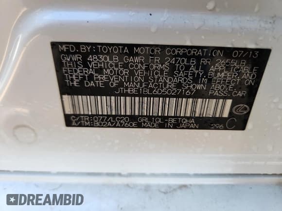 ✅ 2013 Lexus GS 350 • VIN: JTHBE1BL6D5027167 • Lot: 92440065. Listed on Copart with 196,549 mi. Free auction sales archive from the USA and detailed vehicle history report at DreamBid. Image 12.