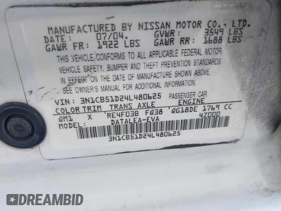 ✅ 2004 Nissan Sentra • VIN: 3N1CB51D24L480625 • Lot: 43223396. Listed on IAAI with 192,508 mi. Free auction sales archive from the USA and detailed vehicle history report at DreamBid. Image 9.