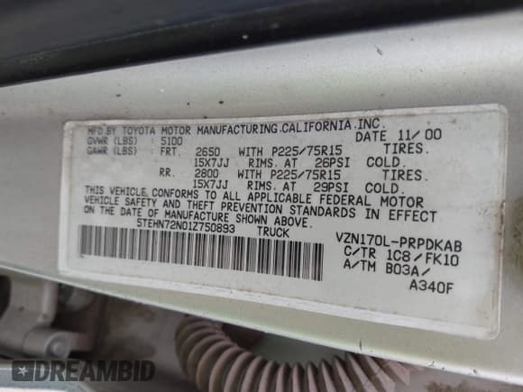 ✅ 2001 Toyota Tacoma • VIN: 5TEHN72N01Z750893 • Lot: 42461034. Wystawiony na IAAI z przebiegiem 229 535 mil. Bezpłatny archiwum sprzedaży aukcyjnych z USA i szczegółowy raport historii pojazdu na DreamBid. Zdjęcie 9.