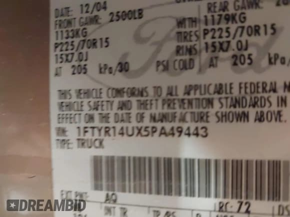 ✅ 2005 Ford Ranger XL • VIN: 1FTYR14UX5PA49443 • Lot: 43886543. Listed on IAAI with 149,931 mi. Free auction sales archive from the USA and detailed vehicle history report at DreamBid. Image 9.