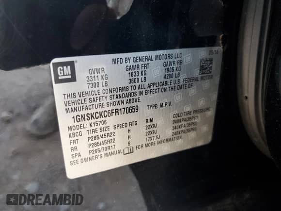 2015 Chevrolet Tahoe LTZ with VIN 1GNSKCKC6FR170659, listed as a Copart auction lot 69412835 with 252,198 mi miles and Salvage title. Bid and sale history available at DreamBid. Image 14.