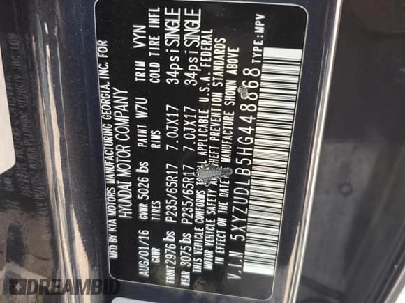 ✅ 2017 Hyundai Santa Fe 2.4L • VIN: 5XYZUDLB5HG448868 • Лот: 64958804. Опубликован ранее на Copart с пробегом 103 076 миль. Бесплатный доступ к архиву аукционных продаж из США и подробный отчёт об истории автомобиля на DreamBid. Изображение 13.