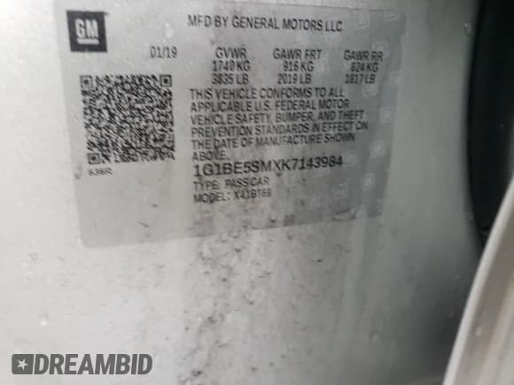 ✅ 2019 Chevrolet Cruze LT • VIN: 1G1BE5SMXK7143984 • Lot: 36709983. Listed on Copart with 58,188 mi. Free auction sales archive from the USA and detailed vehicle history report at DreamBid. Image 12.