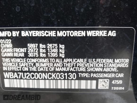 ✅ 2022 BMW 7 Series 750i xDrive • VIN: WBA7U2C00NCK03130 • Lot: 40691291. Listed on IAAI with 17,124 mi. Free auction sales archive from the USA and detailed vehicle history report at DreamBid. Image 9.