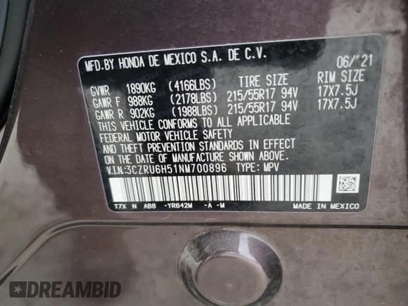 ✅ 2022 Honda HR-V EX • VIN: 3CZRU6H51NM700896 • Lot: 90596335. Listed on Copart with 35,590 mi. Free auction sales archive from the USA and detailed vehicle history report at DreamBid. Image 13.