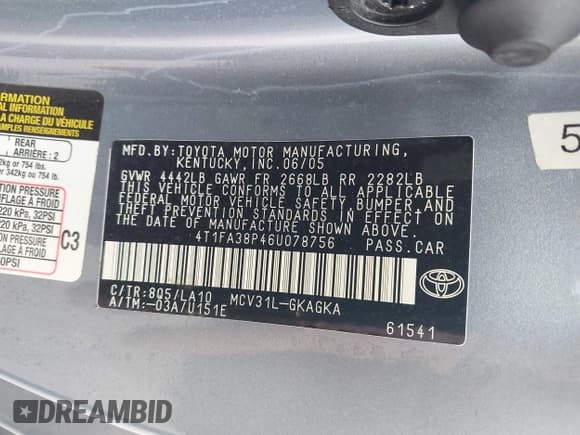 ✅ 2006 Toyota Solara SLE • VIN: 4T1FA38P46U078756 • Lot: 43827368. Listed on IAAI with 127,141 mi. Free auction sales archive from the USA and detailed vehicle history report at DreamBid. Image 9.