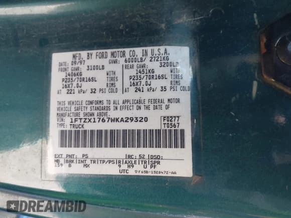 ✅ 1998 Ford F-150 • VIN: 1FTZX1767WKA29320 • Lot: 43844531. Listed on IAAI with 120,240 mi. Free auction sales archive from the USA and detailed vehicle history report at DreamBid. Image 9.