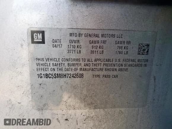 ✅ 2017 Chevrolet Cruze LS • VIN: 1G1BC5SM8H7242608 • Лот: 63674065. Опубликован ранее на Copart с пробегом 115 786 миль. Бесплатный доступ к архиву аукционных продаж из США и подробный отчёт об истории автомобиля на DreamBid. Изображение 12.