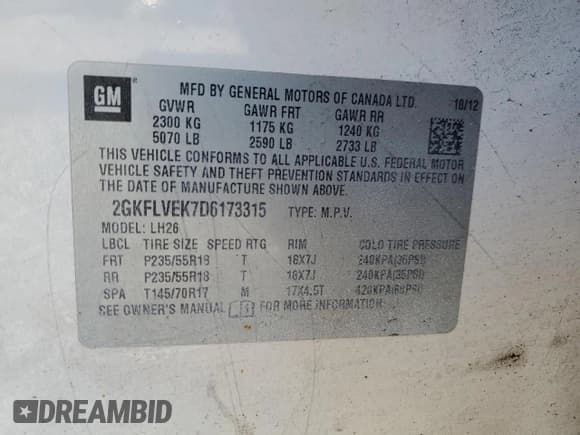 ✅ 2013 GMC Terrain SLT • VIN: 2GKFLVEK7D6173315 • Лот: 93369385. Опубликован ранее на Copart с пробегом 258 510 миль. Бесплатный доступ к архиву аукционных продаж из США и подробный отчёт об истории автомобиля на DreamBid. Изображение 13.