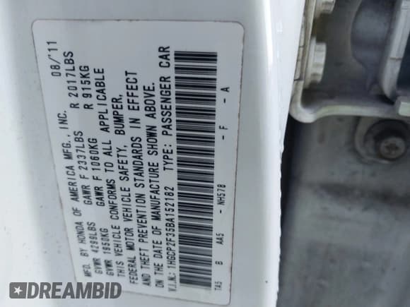 ✅ 2011 Honda Accord LX • VIN: 1HGCP2F35BA152182 • Lot: 43723732. Listed on IAAI with 224,979 mi. Free auction sales archive from the USA and detailed vehicle history report at DreamBid. Image 9.