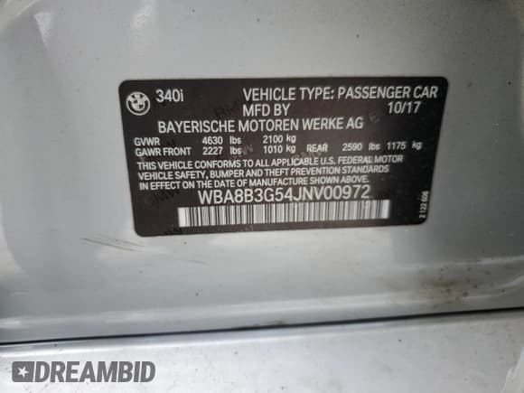 ✅ 2018 BMW 3 Series 340i • VIN: WBA8B3G54JNV00972 • Lot: 59603215. Listed on Copart with 47,732 mi. Free auction sales archive from the USA and detailed vehicle history report at DreamBid. Image 12.