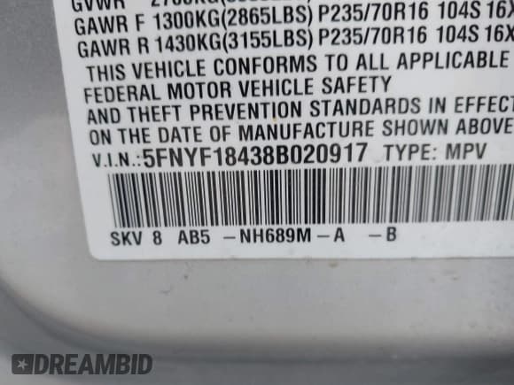 ✅ 2008 Honda Pilot EX • VIN: 5FNYF18438B020917 • Lot: 43522356. Wystawiony na IAAI z przebiegiem 219 901 mil. Bezpłatny archiwum sprzedaży aukcyjnych z USA i szczegółowy raport historii pojazdu na DreamBid. Zdjęcie 9.