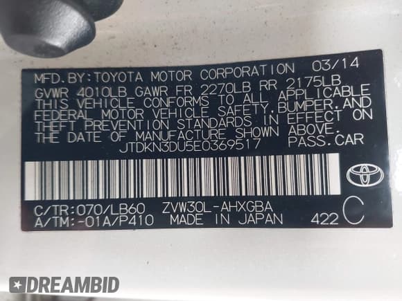 ✅ 2014 Toyota Prius Two • VIN: JTDKN3DU5E0369517 • Lot: 43426775. Wystawiony na IAAI z przebiegiem 152 387 mil. Bezpłatny archiwum sprzedaży aukcyjnych z USA i szczegółowy raport historii pojazdu na DreamBid. Zdjęcie 9.