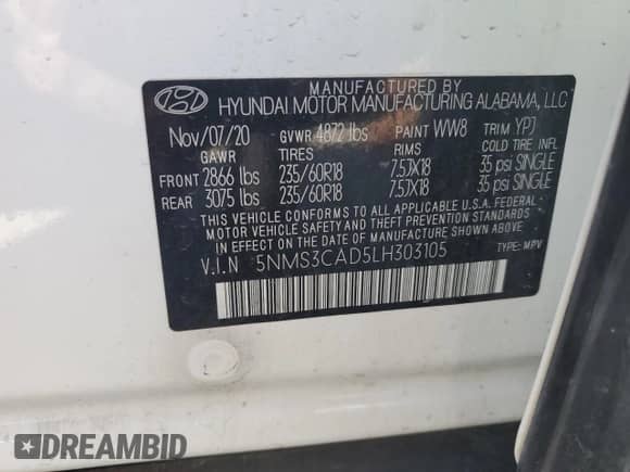 2020 Hyundai Santa Fe SEL z VIN 5NMS3CAD5LH303105, wystawiony jako Copart lot #85740335 z przebiegiem 83 187 mil mil oraz Szkoda całkowita • Salvage title. Historia ofert i sprzedaży dostępna na DreamBid. Obrazek 13.