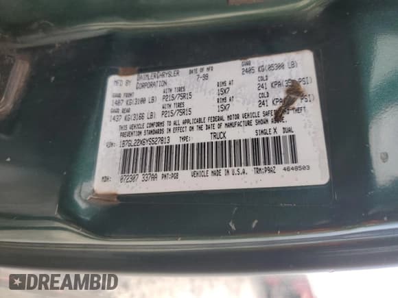 ✅ 2000 Dodge Dakota • VIN: 1B7GL22X6YS527813 • Lot: 85195894. Wystawiony na Copart z przebiegiem 274 996 mil. Bezpłatny archiwum sprzedaży aukcyjnych z USA i szczegółowy raport historii pojazdu na DreamBid. Zdjęcie 13.