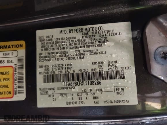 ✅ 2020 Ford Mustang GT • VIN: 1FA6P8CFXL5108286 • Lot: 42959782. Listed on IAAI with 43,052 mi. Free auction sales archive from the USA and detailed vehicle history report at DreamBid. Image 9.