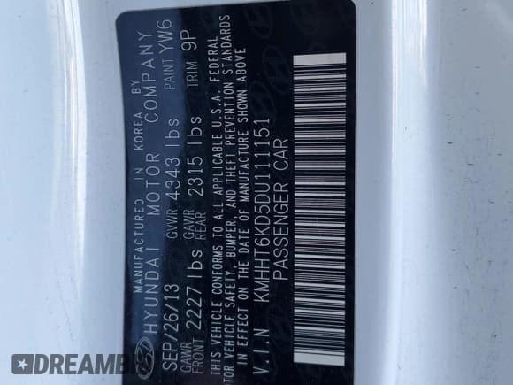 ✅ 2013 Hyundai Genesis Coupe 2.0T • VIN: KMHHT6KD5DU111151 • Lot: 82601425. Listed on Copart with 119,129 mi. Free auction sales archive from the USA and detailed vehicle history report at DreamBid. Image 12.