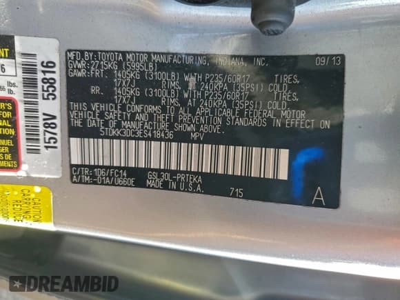 ✅ 2014 Toyota Sienna LE • VIN: 5TDKK3DC3ES418436 • Lot: 94766755. Listed on Copart with 179,407 mi. Free auction sales archive from the USA and detailed vehicle history report at DreamBid. Image 13.