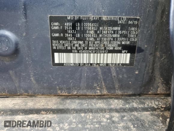 ✅ 2015 Subaru Outback Limited • VIN: 4S4BSENC6F3330912 • Lot: 70749635. Listed on Copart with Not provided. Free auction sales archive from the USA and detailed vehicle history report at DreamBid. Image 12.