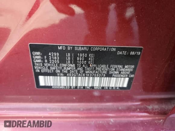 2019 Subaru Impreza Premium z VIN 4S3GTAC61K3759379, wystawiony jako Copart lot #90260465 z przebiegiem 36 792 mil mil oraz Szkoda całkowita • Salvage title. Historia ofert i sprzedaży dostępna na DreamBid. Obrazek 12.