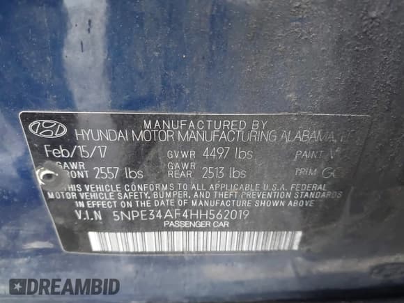 ✅ 2017 Hyundai Sonata Sport • VIN: 5NPE34AF4HH562019 • Lot: 43446427. Listed on IAAI with 169,719 mi. Free auction sales archive from the USA and detailed vehicle history report at DreamBid. Image 9.