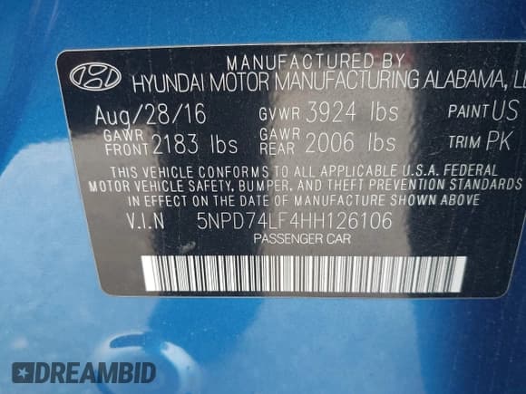 ✅ 2017 Hyundai Elantra SE • VIN: 5NPD74LF4HH126106 • Lot: 43425562. Listed on IAAI with 180,587 mi. Free auction sales archive from the USA and detailed vehicle history report at DreamBid. Image 9.